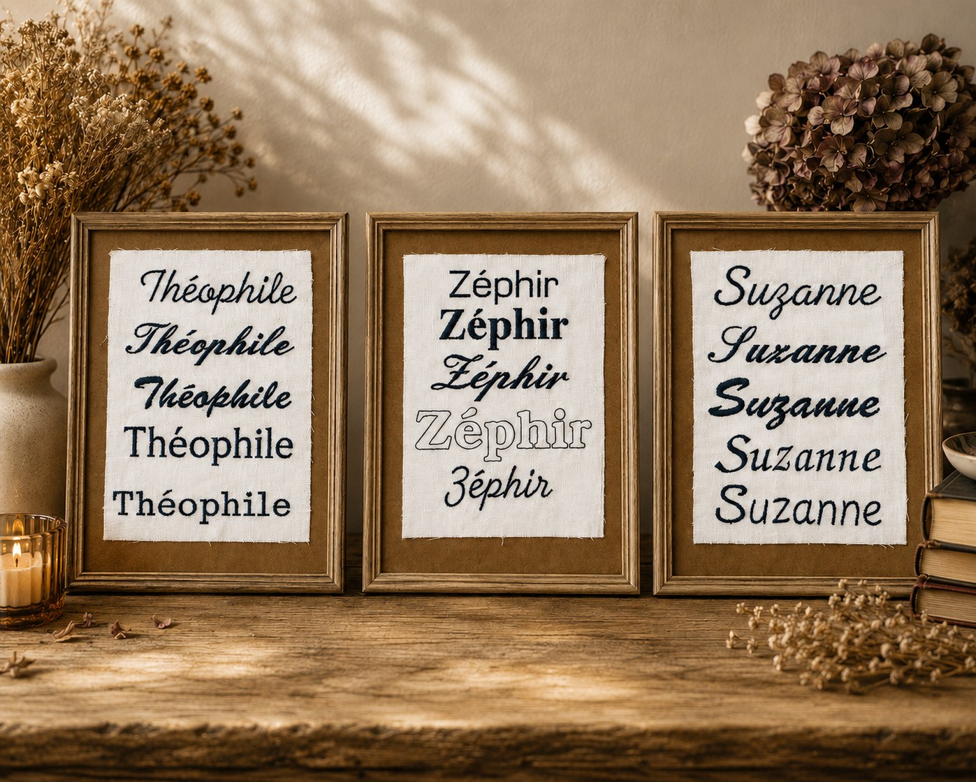 Comparatif de typographies avec les prénoms Théophile, Zéphir et Suzanne