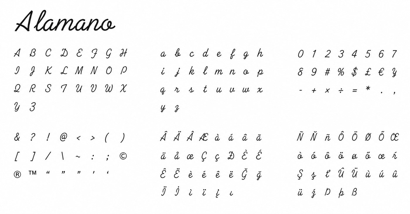 Alphabet complet de la typographie Alamano