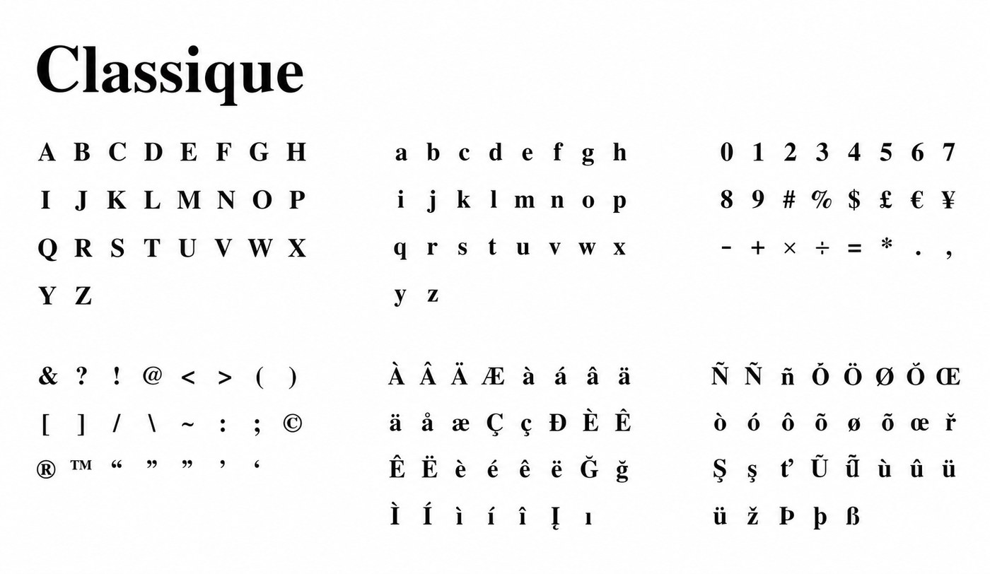 Alphabet complet de la typographie Classique
