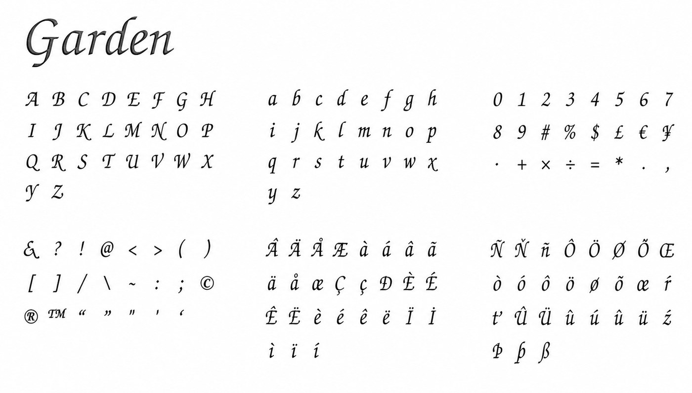 Alphabet complet de la typographie Garden